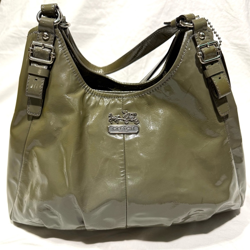 Coach Madison Maggie Sage Green Patent Leather Shoulder Hobo Bag Silver Hardware - Picture 1 of 14